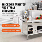 VEVOR Table de préparation en acier inoxydable, 76,2 x 182,8 x 86,3 cm, capacité de charge de 417,3 kg, table de travail en métal robuste avec 3 niveaux de hauteur réglables