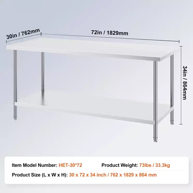 VEVOR Table de préparation en acier inoxydable, 76,2 x 182,8 x 86,3 cm, capacité de charge de 417,3 kg, table de travail en métal robuste avec 3 niveaux de hauteur réglables