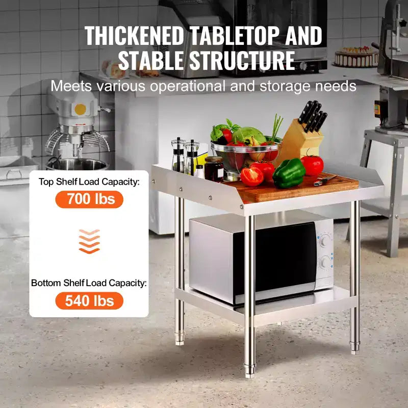 Table de travail en acier inoxydable VEVOR, table de préparation alimentaire commerciale 61 x 61 x 66 cm, table de préparation robuste avec dosseret 3 côtés, table de travail en métal