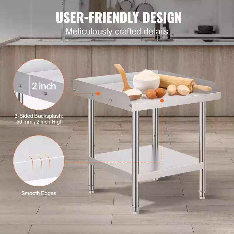 Table de travail en acier inoxydable VEVOR, table de préparation alimentaire commerciale 61 x 61 x 66 cm, table de préparation robuste avec dosseret 3 côtés, table de travail en métal