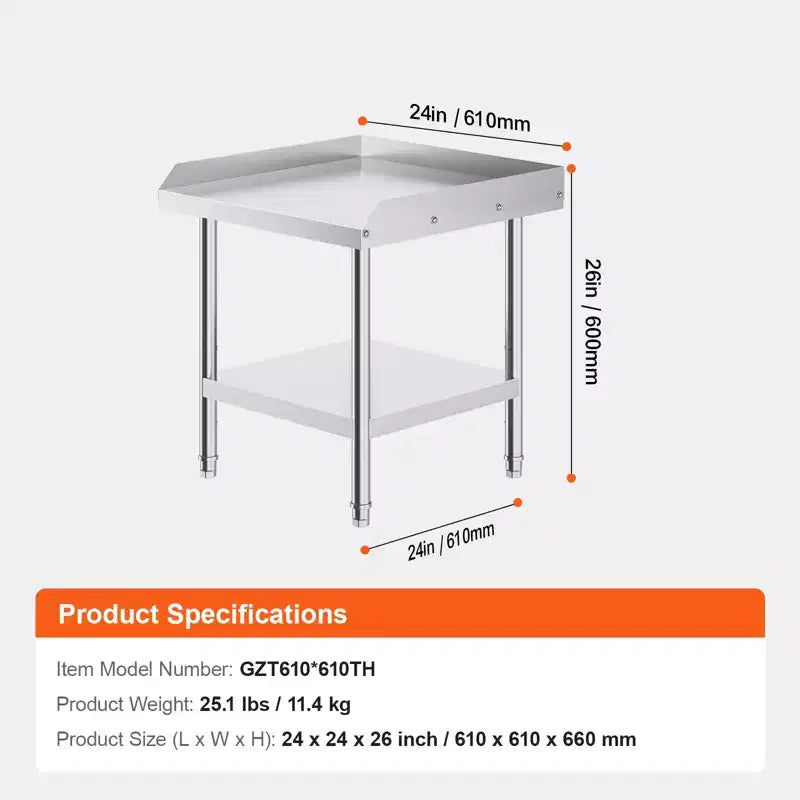 Table de travail en acier inoxydable VEVOR, table de préparation alimentaire commerciale 61 x 61 x 66 cm, table de préparation robuste avec dosseret 3 côtés, table de travail en métal