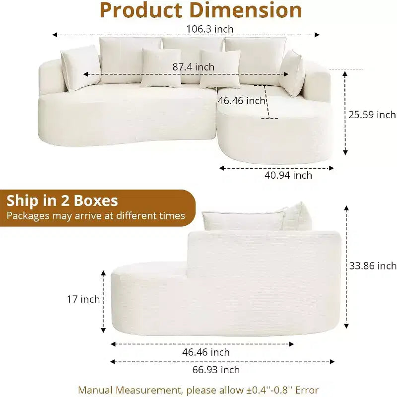 Canapé sectionnel modulaire incurvé de 269 cm avec méridienne et fonction couchage, en tissu chenille, aucun assemblage requis pour salon/appartement/chambre à coucher