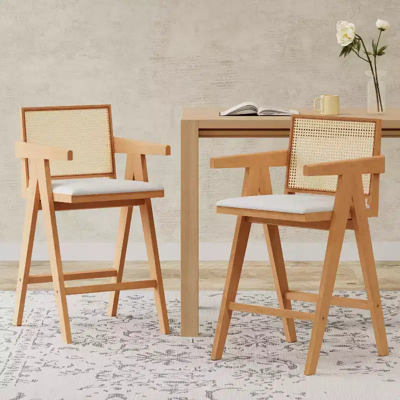 Christopher Knight Home Kelsey Modern Minimalist Rubberwood and Cane Upholstered Bar Stools (Set of 2)