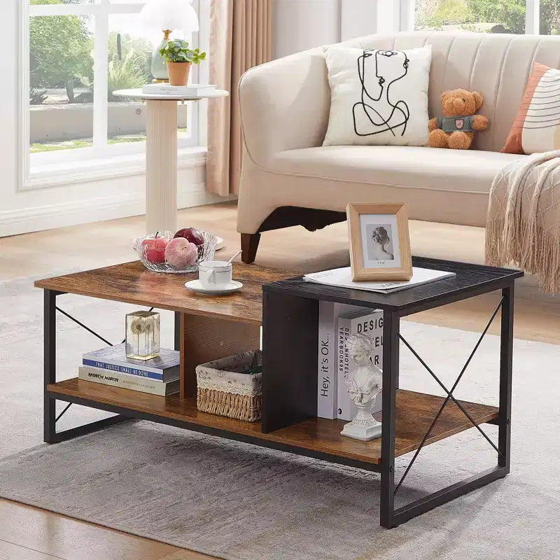 VECELO 2-Tier Coffee Table with Storage Shelf for Living Room/Office, Metal Frame & Wooden Tabletop, Brown