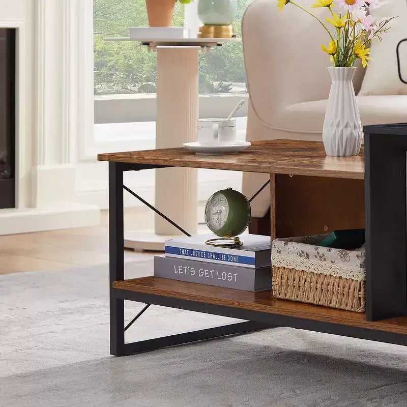 Table basse VECELO à 2 niveaux avec étagère de rangement pour salon/bureau, cadre métallique et plateau en bois, marron