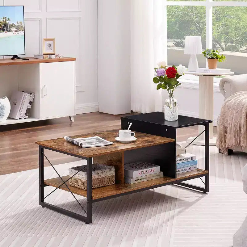 Table basse VECELO à 2 niveaux avec étagère de rangement pour salon/bureau, cadre métallique et plateau en bois, marron