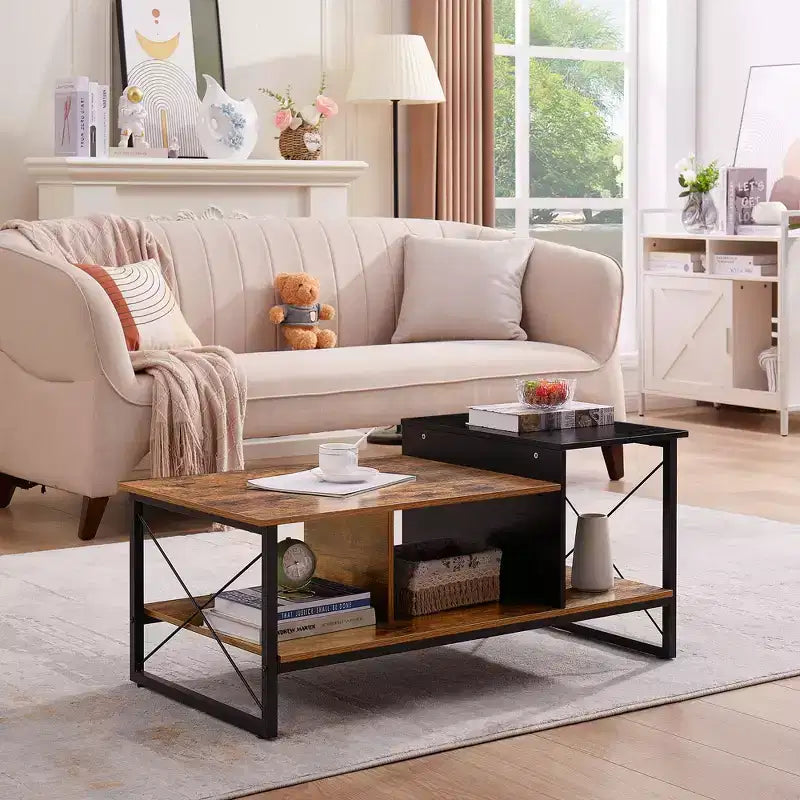 Table basse VECELO à 2 niveaux avec étagère de rangement pour salon/bureau, cadre métallique et plateau en bois, marron