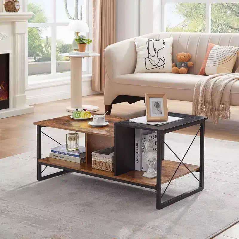 Table basse VECELO à 2 niveaux avec étagère de rangement pour salon/bureau, cadre métallique et plateau en bois, marron