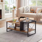 Table basse VECELO à 2 niveaux avec étagère de rangement pour salon/bureau, cadre métallique et plateau en bois, marron
