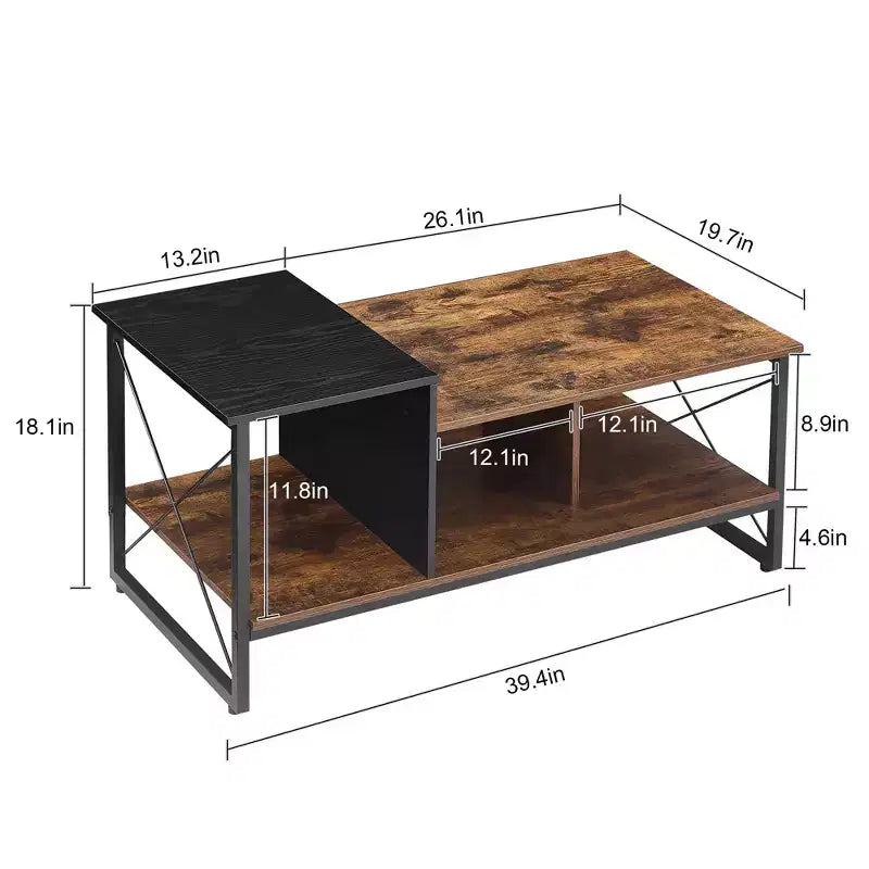 Table basse VECELO à 2 niveaux avec étagère de rangement pour salon/bureau, cadre métallique et plateau en bois, marron