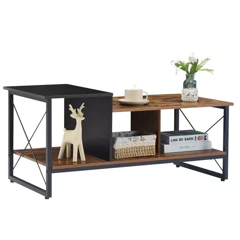 Table basse VECELO à 2 niveaux avec étagère de rangement pour salon/bureau, cadre métallique et plateau en bois, marron