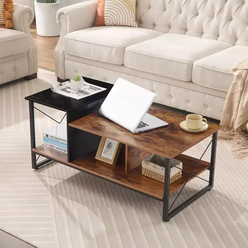Table basse VECELO à 2 niveaux avec étagère de rangement pour salon/bureau, cadre métallique et plateau en bois, marron