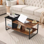 Table basse VECELO à 2 niveaux avec étagère de rangement pour salon/bureau, cadre métallique et plateau en bois, marron