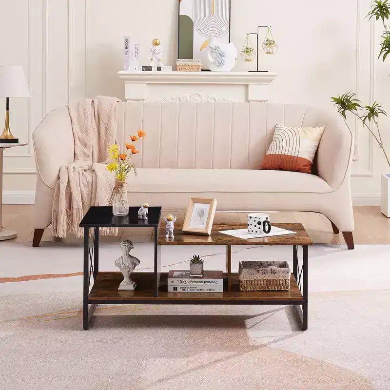 Table basse VECELO à 2 niveaux avec étagère de rangement pour salon/bureau, cadre métallique et plateau en bois, marron