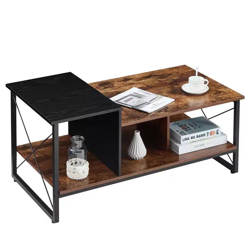 Table basse VECELO à 2 niveaux avec étagère de rangement pour salon/bureau, cadre métallique et plateau en bois, marron