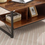 Table basse VECELO à 2 niveaux avec étagère de rangement pour salon/bureau, cadre métallique et plateau en bois, marron