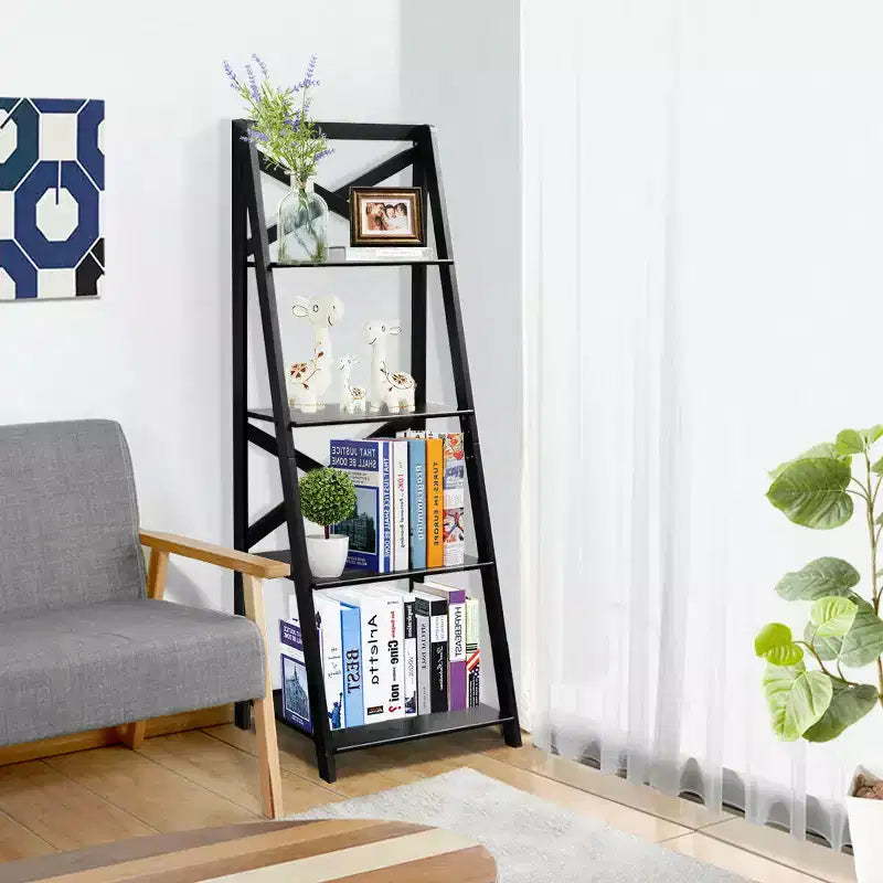 Costway Étagère murale en échelle à 4 niveaux 1 ou 2 pièces Bibliothèque Meuble de rangement Présentoir à plantes Incliné Noir/Blanc