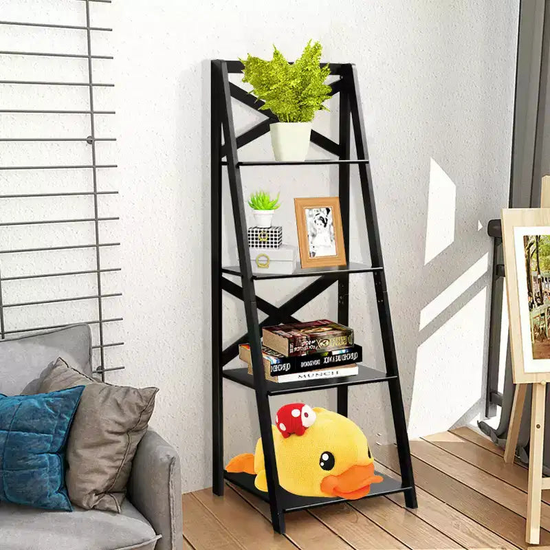 Costway Étagère murale en échelle à 4 niveaux 1 ou 2 pièces Bibliothèque Meuble de rangement Présentoir à plantes Incliné Noir/Blanc