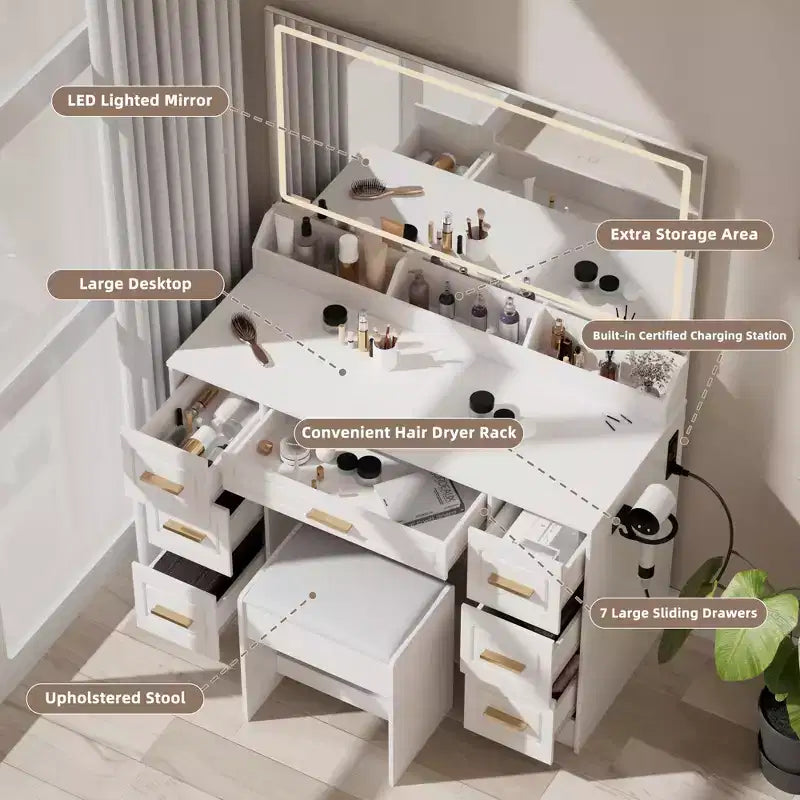 Homesflex 43 White Vanity Desk with Mirror, LED Lights, Power Outlet, 3 Light Modes, 7 Drawers, and Chair for Bedroom or Dressing Room