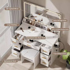 Homesflex 43 White Vanity Desk with Mirror, LED Lights, Power Outlet, 3 Light Modes, 7 Drawers, and Chair for Bedroom or Dressing Room