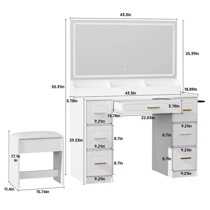Homesflex 43 White Vanity Desk with Mirror, LED Lights, Power Outlet, 3 Light Modes, 7 Drawers, and Chair for Bedroom or Dressing Room