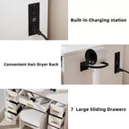 Homesflex 43 White Vanity Desk with Mirror, LED Lights, Power Outlet, 3 Light Modes, 7 Drawers, and Chair for Bedroom or Dressing Room