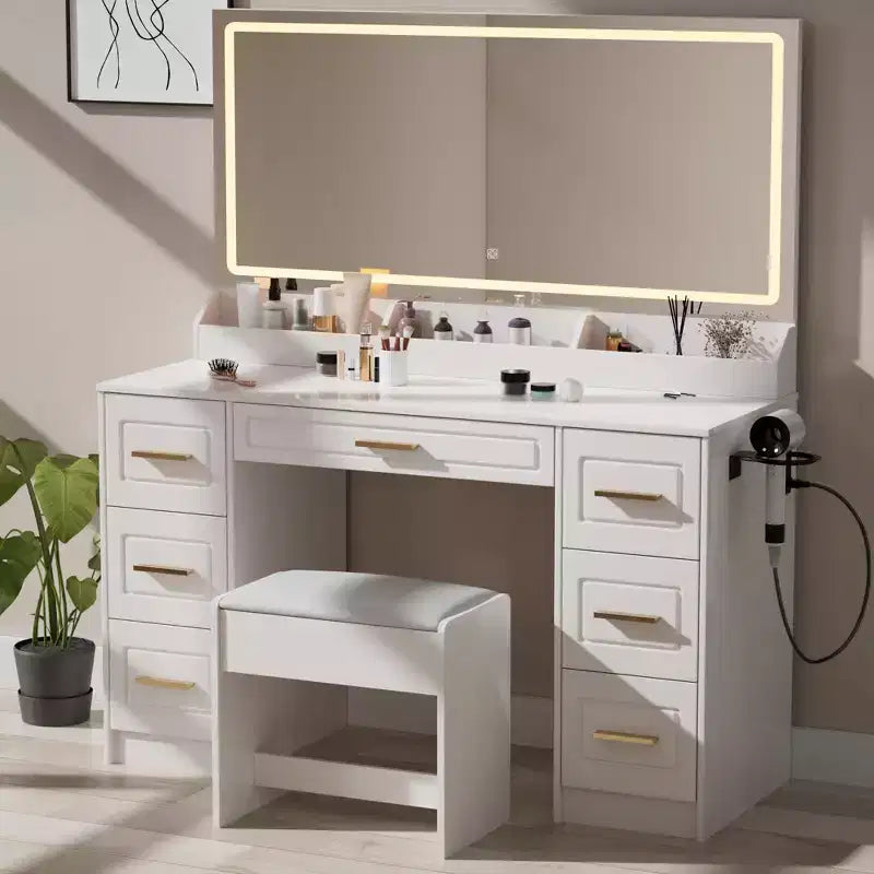 Homesflex 43 White Vanity Desk with Mirror, LED Lights, Power Outlet, 3 Light Modes, 7 Drawers, and Chair for Bedroom or Dressing Room