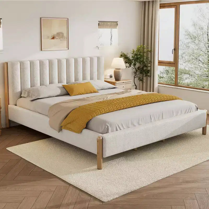 Christopher Knight Home Witt Lit plateforme moderne en bois et bouclette avec tête de lit à rayures verticales, blanc