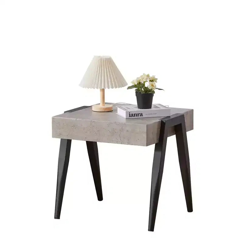 Kings Brand Furniture Camden Marble-Style Wood Side End Table, Nightstand, Sofa Table with Metal Legs for Living Room, Black/Gray