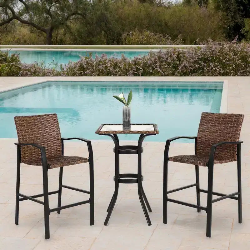 GDFStudio Burton Outdoor 3 Pieces Bar Stools Set with Glass Table Top