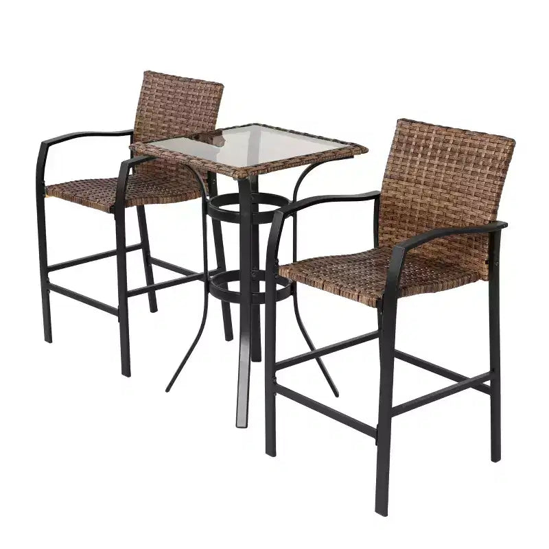 GDFStudio Burton Outdoor 3 Pieces Bar Stools Set with Glass Table Top