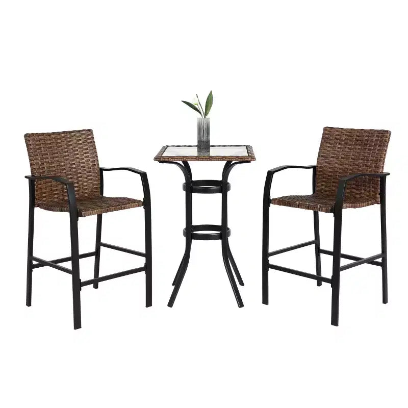 GDFStudio Burton Outdoor 3 Pieces Bar Stools Set with Glass Table Top