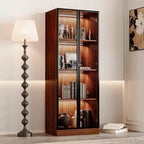 ATJafurn 23.6'' Brown Glass Display China Cabinet Liquor Curio Storage Hutch, Mid Century Modern Wooden 4-Tier Dining Shelf with Led for Living Room