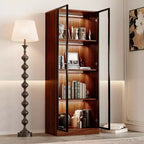 ATJafurn 23.6'' Armoire de Salle à Manger en Verre Marron, Vitrine à Alcool, Meuble de Rangement Curio, Étagère à 4 Niveaux en Bois de Style Moderne du Milieu du Siècle avec LED pour Salon