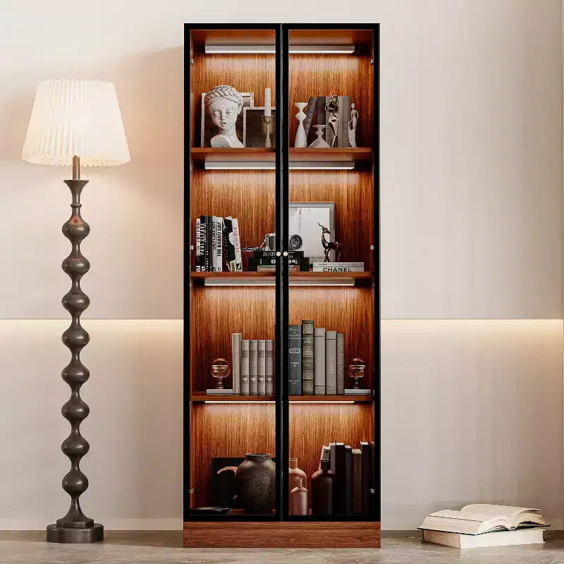 ATJafurn 23.6'' Armoire de Salle à Manger en Verre Marron, Vitrine à Alcool, Meuble de Rangement Curio, Étagère à 4 Niveaux en Bois de Style Moderne du Milieu du Siècle avec LED pour Salon