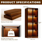 ATJafurn 23.6'' Armoire de Salle à Manger en Verre Marron, Vitrine à Alcool, Meuble de Rangement Curio, Étagère à 4 Niveaux en Bois de Style Moderne du Milieu du Siècle avec LED pour Salon