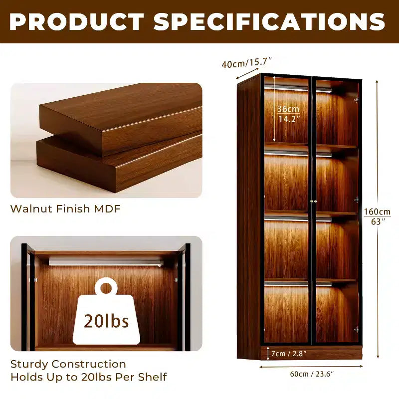 ATJafurn 23.6'' Armoire de Salle à Manger en Verre Marron, Vitrine à Alcool, Meuble de Rangement Curio, Étagère à 4 Niveaux en Bois de Style Moderne du Milieu du Siècle avec LED pour Salon