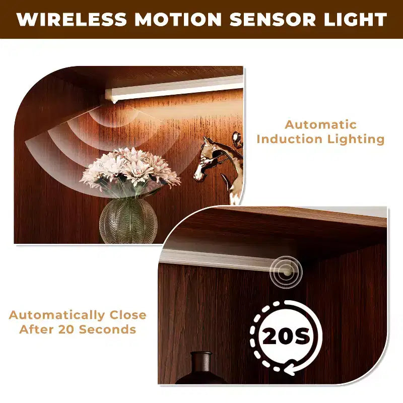 ATJafurn 23.6'' Armoire de Salle à Manger en Verre Marron, Vitrine à Alcool, Meuble de Rangement Curio, Étagère à 4 Niveaux en Bois de Style Moderne du Milieu du Siècle avec LED pour Salon