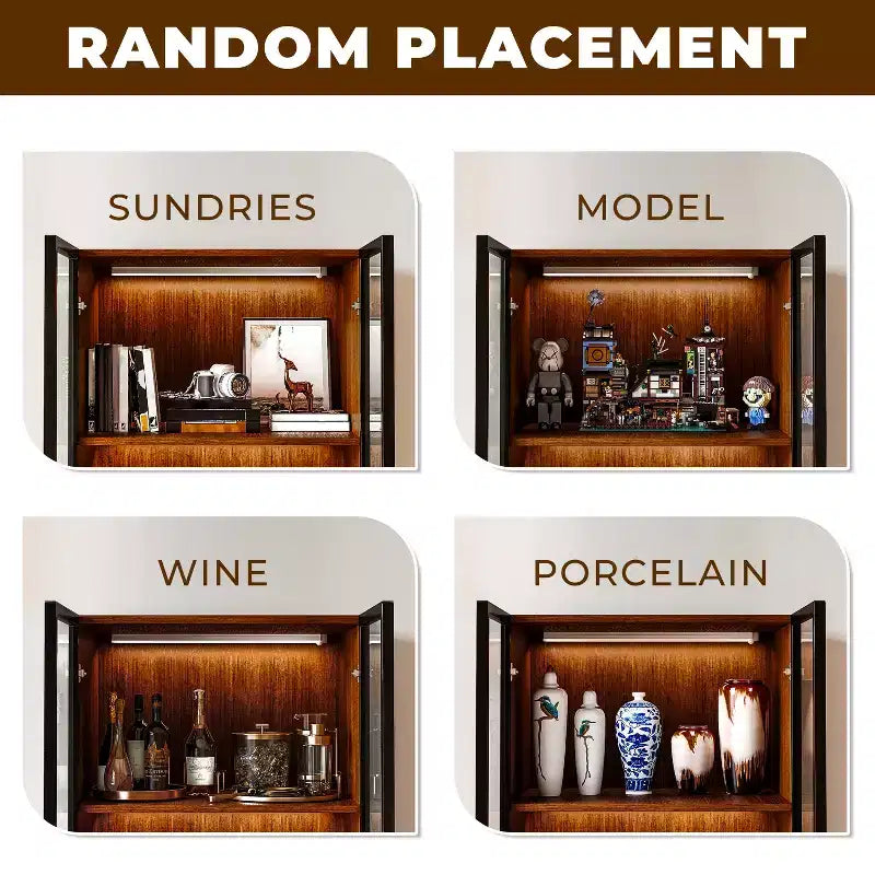 ATJafurn 23.6'' Armoire de Salle à Manger en Verre Marron, Vitrine à Alcool, Meuble de Rangement Curio, Étagère à 4 Niveaux en Bois de Style Moderne du Milieu du Siècle avec LED pour Salon