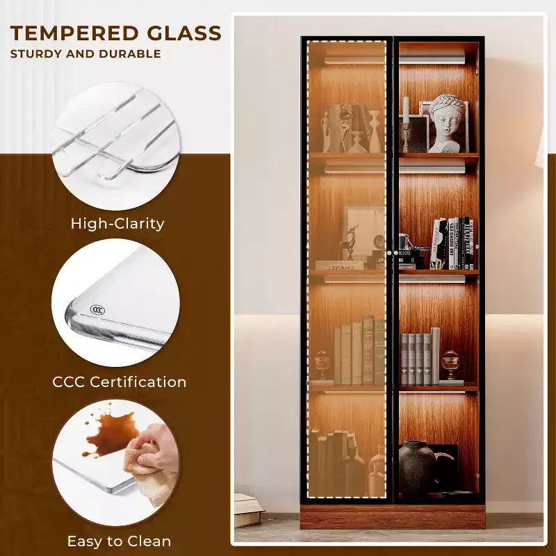 ATJafurn 23.6'' Armoire de Salle à Manger en Verre Marron, Vitrine à Alcool, Meuble de Rangement Curio, Étagère à 4 Niveaux en Bois de Style Moderne du Milieu du Siècle avec LED pour Salon