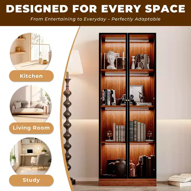 ATJafurn 23.6'' Armoire de Salle à Manger en Verre Marron, Vitrine à Alcool, Meuble de Rangement Curio, Étagère à 4 Niveaux en Bois de Style Moderne du Milieu du Siècle avec LED pour Salon