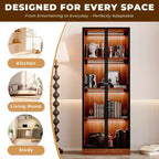 ATJafurn 23.6'' Armoire de Salle à Manger en Verre Marron, Vitrine à Alcool, Meuble de Rangement Curio, Étagère à 4 Niveaux en Bois de Style Moderne du Milieu du Siècle avec LED pour Salon