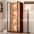 ATJafurn 23.6'' Armoire de Salle à Manger en Verre Marron, Vitrine à Alcool, Meuble de Rangement Curio, Étagère à 4 Niveaux en Bois de Style Moderne du Milieu du Siècle avec LED pour Salon