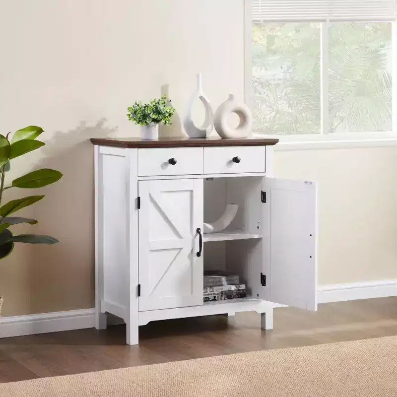 Buffet de ferme rustique blanc et miel marron – Avec tiroir, étagère réglable et porte coulissante pour un rangement élégant