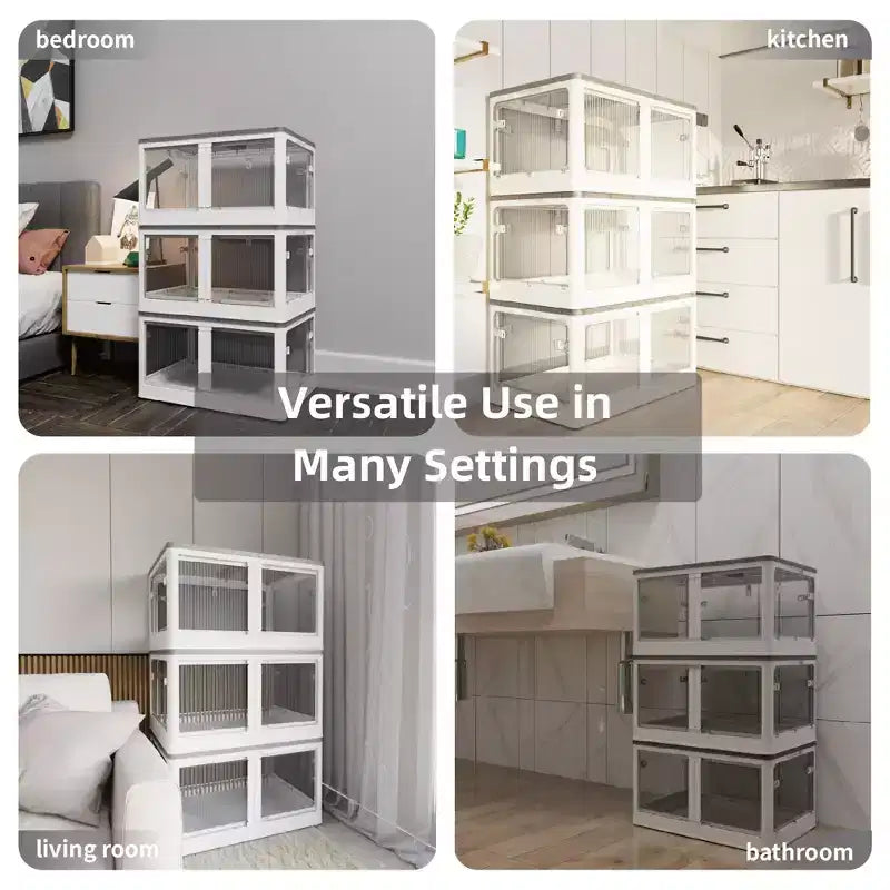 Lot de 3 bacs de rangement transparents empilables avec 5 portes ouvrantes et roulettes, grands conteneurs pliables en plastique pour loisirs créatifs, organisateurs de placard pour chambres à coucher