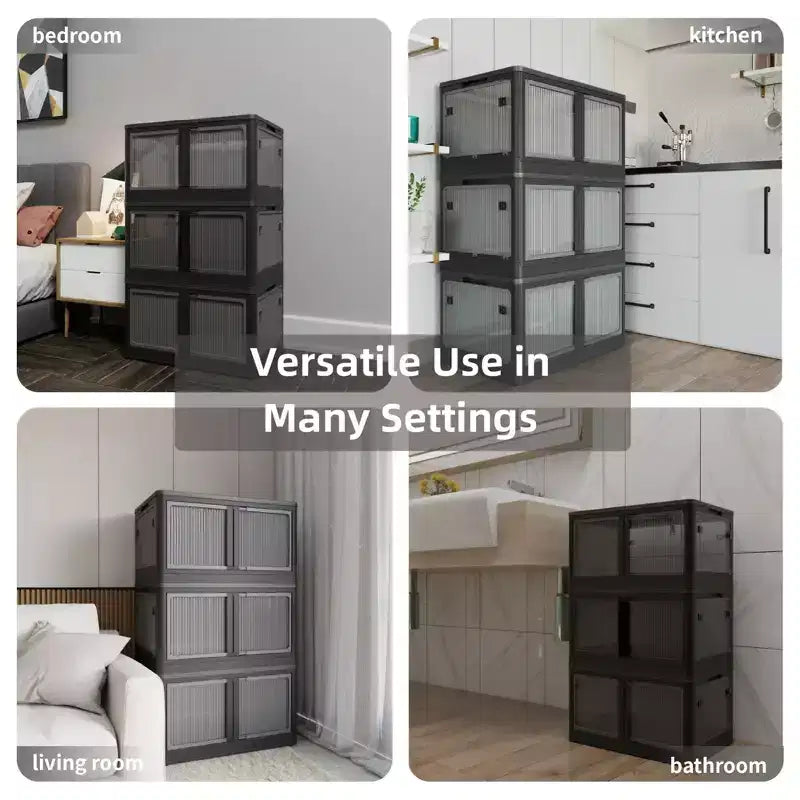 Lot de 3 bacs de rangement transparents empilables avec 5 portes ouvrantes et roulettes, grands conteneurs pliables en plastique pour loisirs créatifs, organisateurs de placard pour chambres à coucher