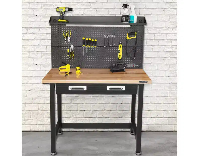 Seville Classics UltraHD Lighted Workcenter w/ Wood Top and Pegboard