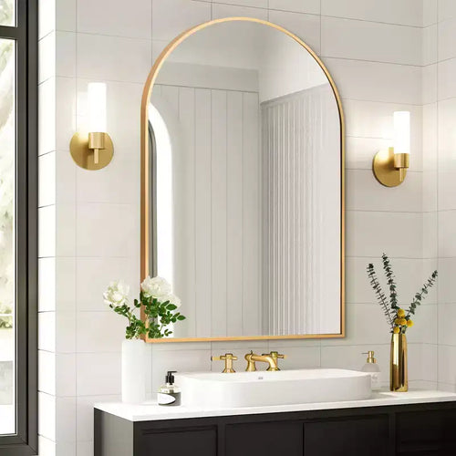 91cm Gold Aluminum Arched Mirror with Slim Frame and Right Angles, 2.8cm Depth