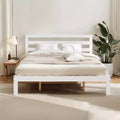 Subrtex Solid Wood Platform Bed with Headboard, Bed Frame with Wood Slat Support, White