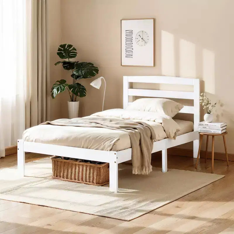 Subrtex Solid Wood Platform Bed with Headboard, Bed Frame with Wood Slat Support, White